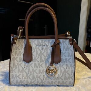 Michael Kors Maple Small Satchel Crossbody Purse Vanilla MK Signature Acorn EUC